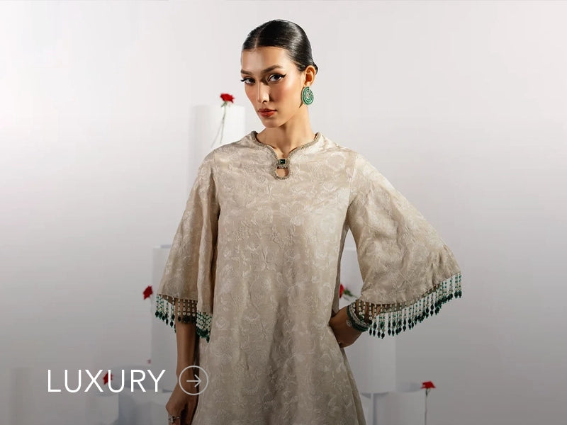 Nainpreet banner with pastel green outfit, a model in embroidered green ensemble, pink embroidery, floral earrings, and “Luxury” label.