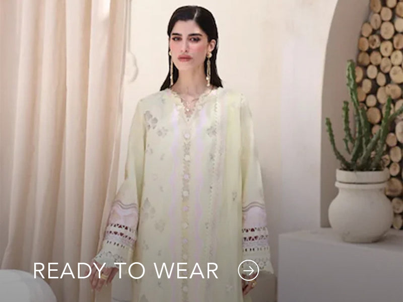 Green embroidered outfit styled in a warm indoor setting; Nainpreet’s “Ready to Wear” text sits below on the banner.