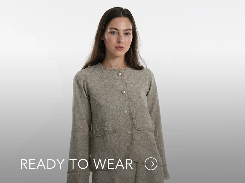 Green embroidered outfit styled in a warm indoor setting; Nainpreet’s “Ready to Wear” text sits below on the banner.