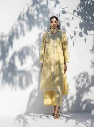 Zhaleh Eid Edit '26 - Yellow and White Embroidered Long Tunic with Embroidered Chiffon Dupatta and Izaar