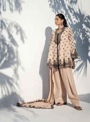 Zhaleh Eid Edit '26 - Beige and Black Embroidered Bias Cut Tunic with Farshi Shalwar and Chiffon Embroidered Dupatta