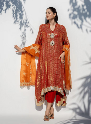 Zhaleh Eid Edit '26 - Red and Gold Sequinned Drop Hemline Tunic with Orange Organza Dupatta and Izaar