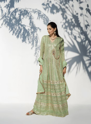 Zhaleh Eid Edit '26 - Mint Green Angarkha with Hand Embellished Lacha and Chiffon Dupatta