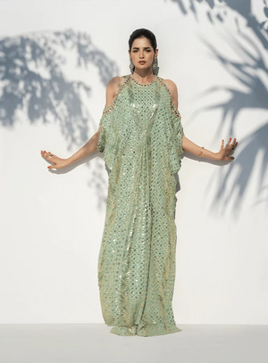 Zhaleh Eid Edit '26 - Cold Shoulder Crystal Embellished Mint Green Kaftan
