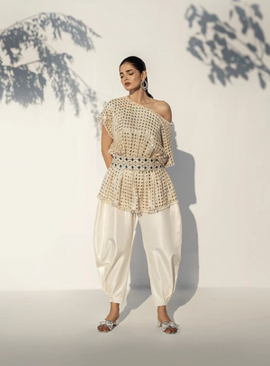 Zhaleh Eid Edit '26 - White Drop Shoulder Mirrored Top with Hand Embellished Belt and Barrel Pants