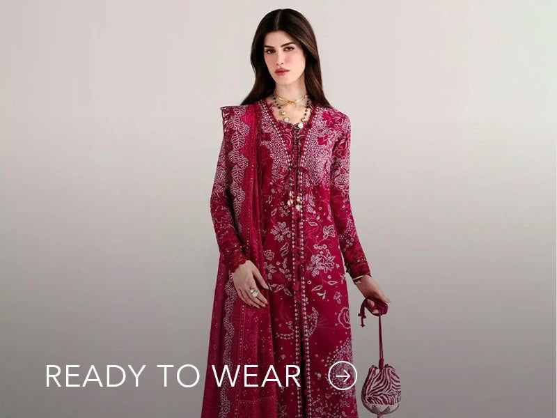 Green embroidered outfit styled in a warm indoor setting; Nainpreet’s “Ready to Wear” text sits below on the banner.