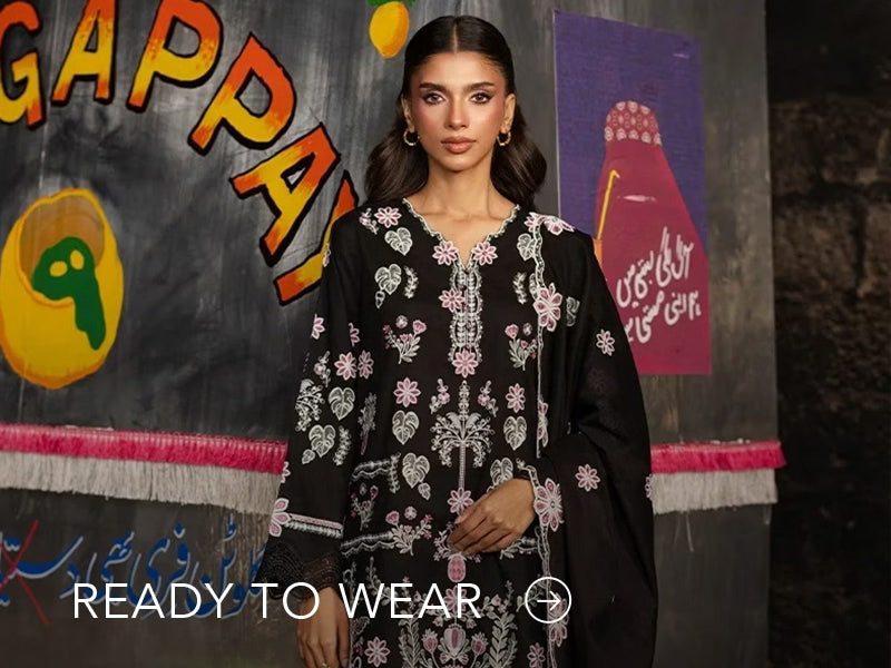 Green embroidered outfit styled in a warm indoor setting; Nainpreet’s “Ready to Wear” text sits below on the banner.