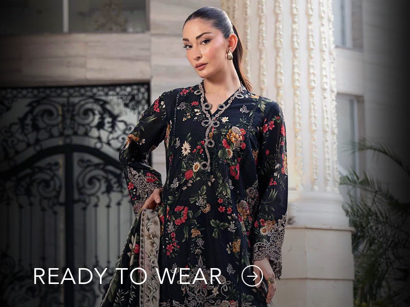Green embroidered outfit styled in a warm indoor setting; Nainpreet’s “Ready to Wear” text sits below on the banner.