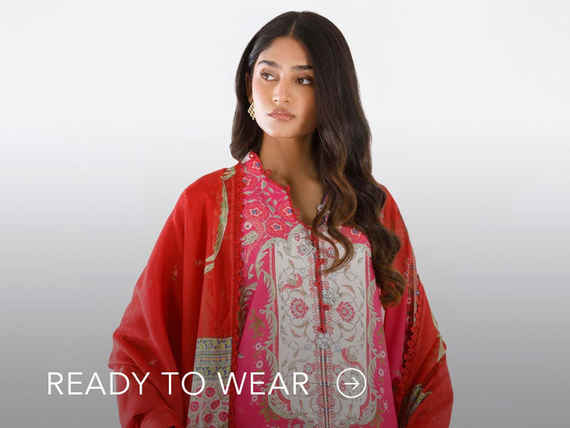 Green embroidered outfit styled in a warm indoor setting; Nainpreet’s “Ready to Wear” text sits below on the banner.