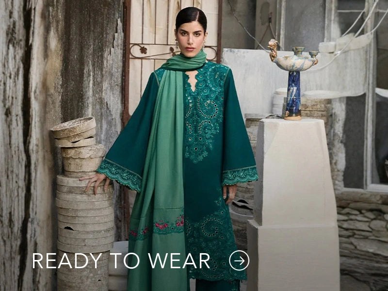 Green embroidered outfit styled in a warm indoor setting; Nainpreet’s “Ready to Wear” text sits below on the banner.