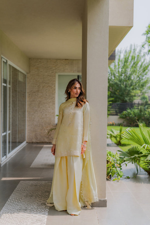 Butter-lime raw silk set with delicate white embroidery, styled in a garden-facing corridor with farshi grace — Lime Zest, Eid Ul Adha ’25 via Nainpreet.