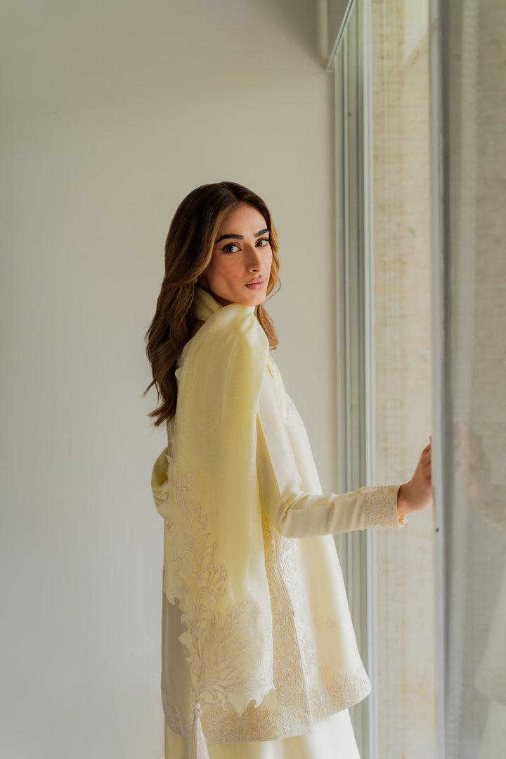 A side pose in Lime Zest — butter-lime raw silk catching soft window light, embroidery trailing the sleeve, gaze turned over shoulder. Eid Ul Adha ’25 via Nainpreet.
