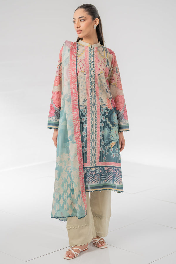 Unstitched Lotus 3-piece summer outfit featuring a beige floral lawn shirt, embroidered cream cambric trousers, and a printed pastel dupatta. 