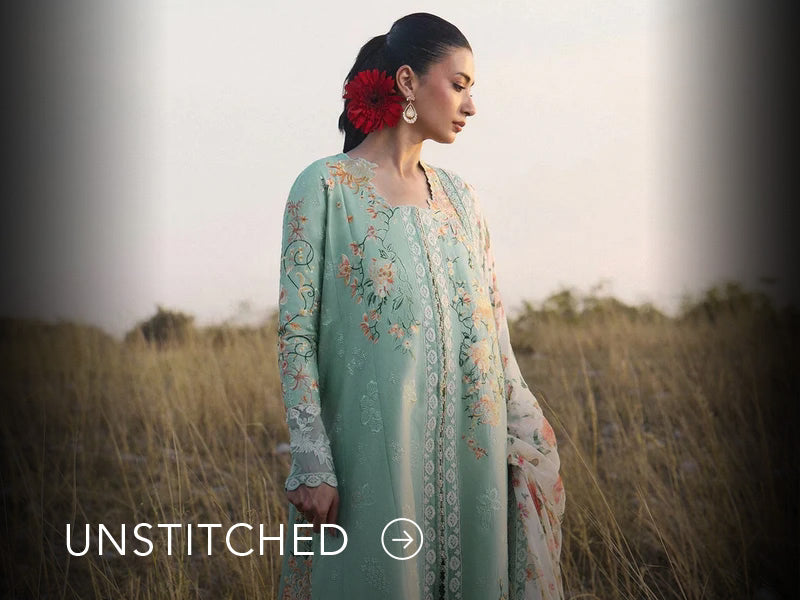 A banner on Nainpreet featuring embroidered unstitched ensembles with vibrant detailing and soft contrast.
