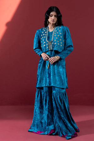 Formals '25 - Velvet Koti Gharara Ensemble - W25F2580-Ferozi