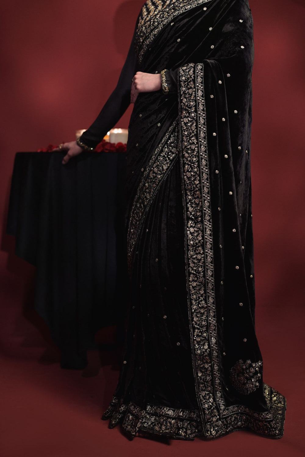 New Black Georgette Beads & Stones (Hot Fix) Saree With Fancy Velvet Blouse