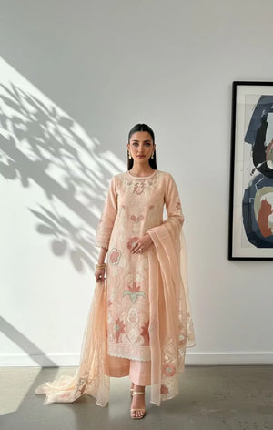 Zhaleh Eid Edit '26 - Peach Applique Embroidered Long Tunic with Izaar and Organza Dupatta