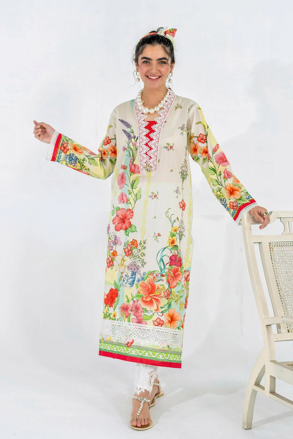 Bloom - Printed Lawn Kurta - Creamy Off-White (Sh-04)