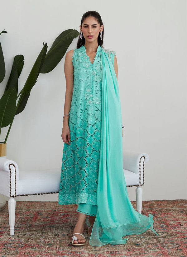 Tara Collection 23 - Tiffany Aqua Silk Cutwork With Pre Draped Dupatta