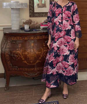 Digitally Printed Winter Shawl Collection '25 - Dusky Night with Pink Blooms
