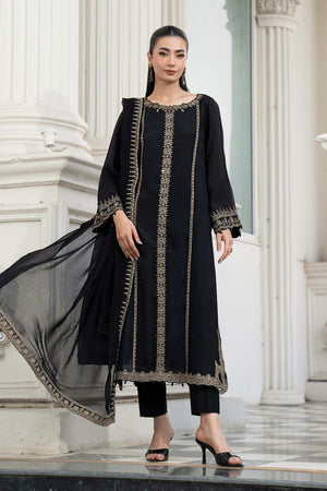 Desi Summer Pie '26 - 3 Piece Embroidered Raw Silk Suit | DWF6106-ESM-BLK