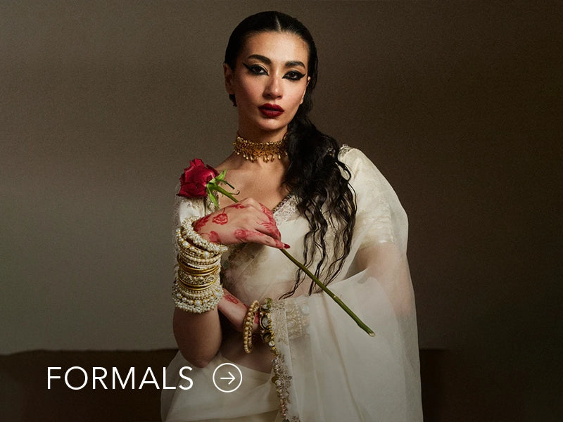 Nainpreet model in maroon formal wear with sheer sleeves, styled against a soft gray backdrop, and "Formals" text below.