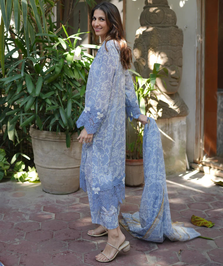 Huma Dilnawaz Summer Lawn 24 - Chantilly Lace on Cerulean Blue