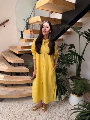 Oversized Linen Shirt Dress in Marigold