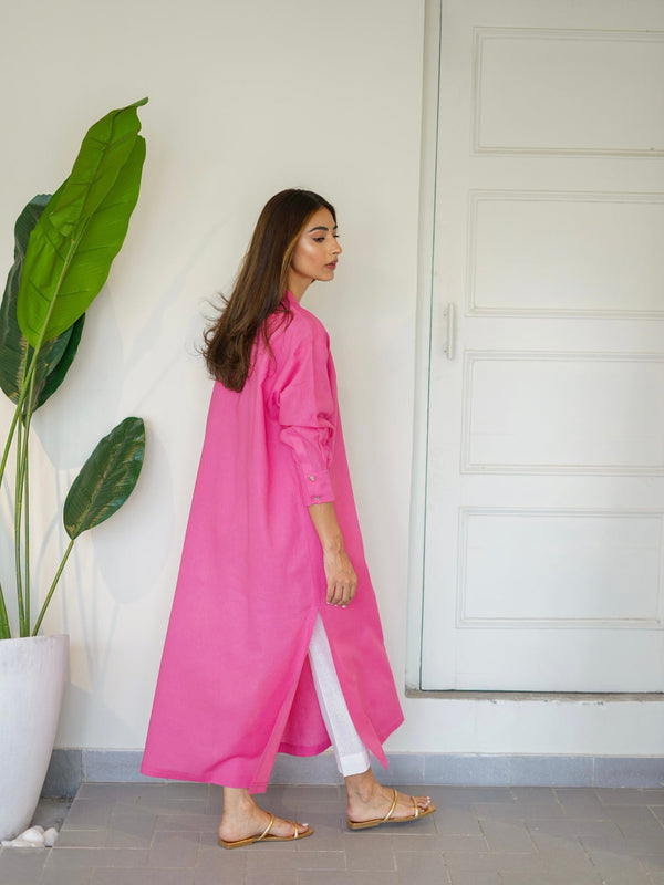 Sak Atelier - Oversized Linen Shirt Dress in Pink