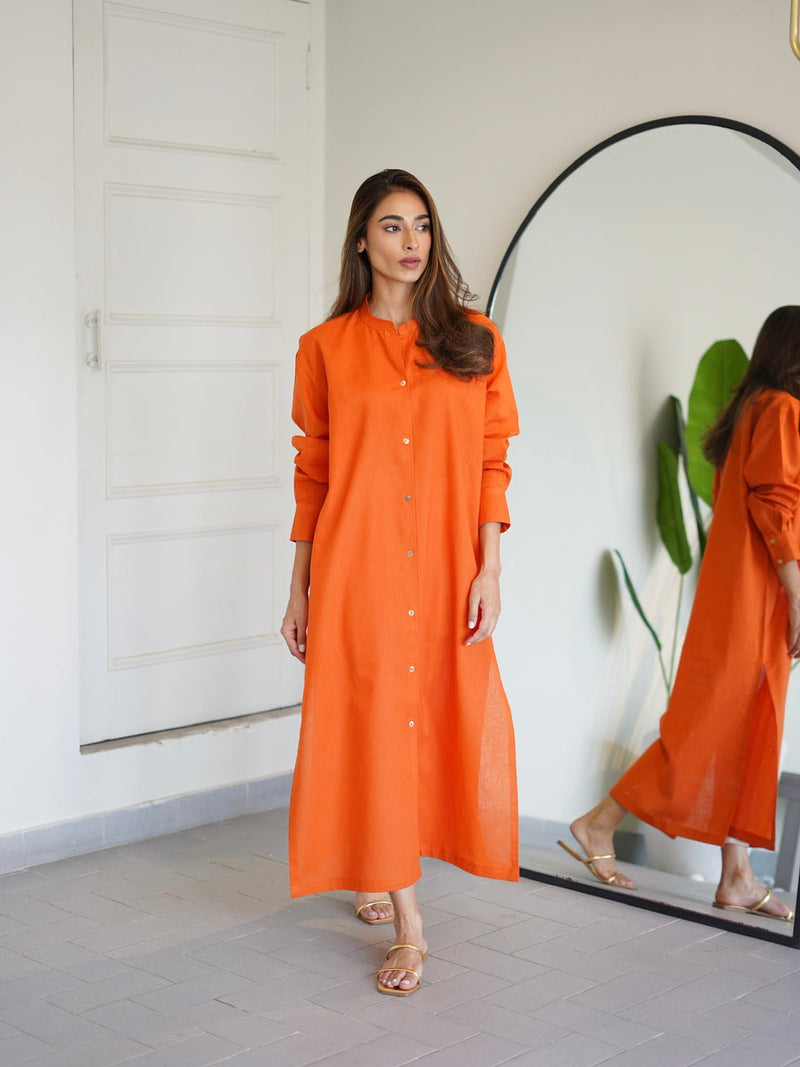 Sak Atelier - Oversized Linen Shirt Dress in Orange