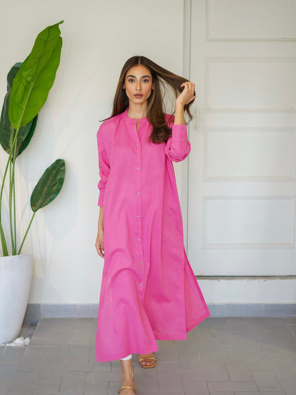 Oversized Linen Shirt Dress In Pink