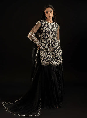 Laale Formals '26 - Black Fully Crystal Embellished Net Tunic with Ruffled Trouser and Scalloped Organza Dupatta