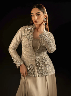 Laale Formals '26 - Silver Bugle Beaded Coat with 3D Flowers and Flared Charmeuse Skirt