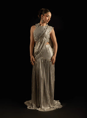 Laale Formals '26 - Silver Embellished Choli with 3D Flowers Encrusted Back and Sequinned Embellished Saree