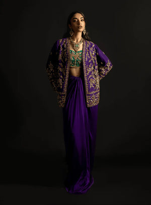 Laale Formals '26 - Purple Zardozi Embellished Jacket with Emerald Bustier and Purple Charmeuse Skirt