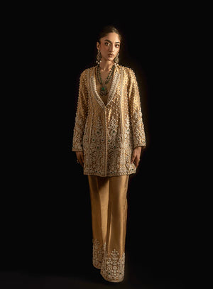 Laale Formals '26 - Gold Lamé Pearl and Emerald Stones Embellished Jacket with Embellished Pants