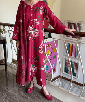 Digitally Printed Winter Shawl Collection '25 - Red Flora Bloom
