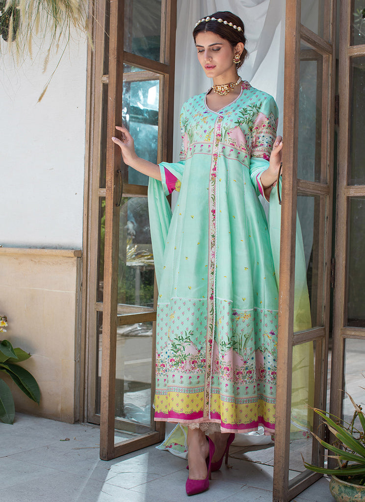 Azure embellished raw silk kalidar angarkha and silk dupatta