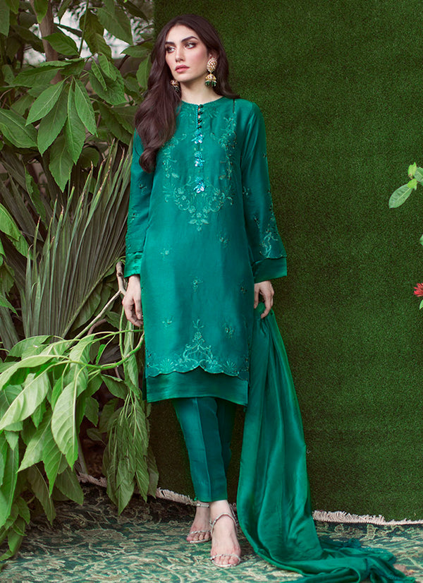 Farah Talib Aziz Luxe Velvets - Shahrina Emerald Kurta with Silk Dupatta