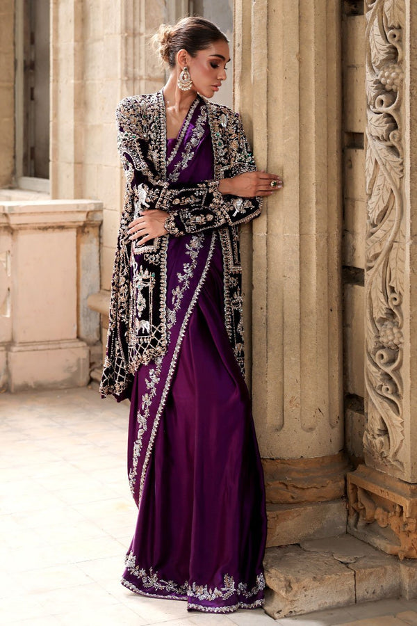 Nida Azwer - Winter Heirloom Velvet Luxury Formals -  Purple Sapphire Jacket with Plain Pant